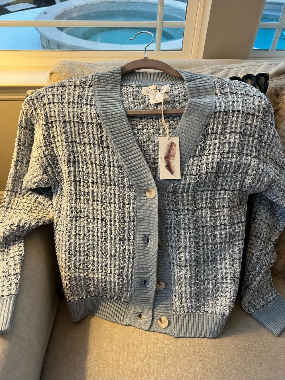 Jessica Simpson Light Gray Waffle-Knit Button Cardigan